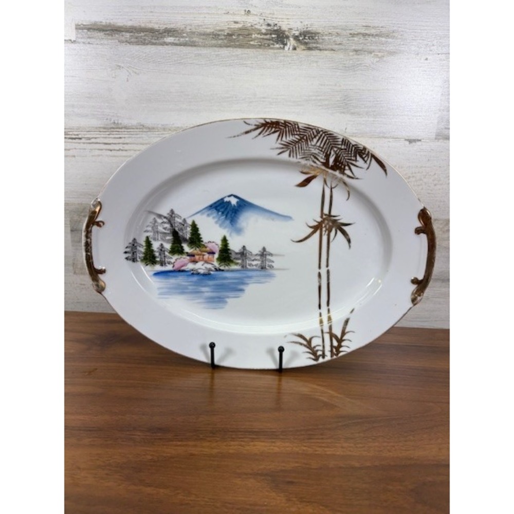 VINTAGE Kutani Mt Fuji‎ Scene Hand Painted Large Serving Platter 14" x 10"